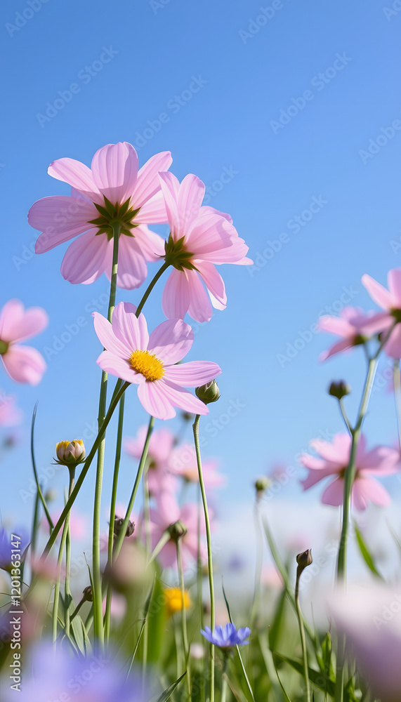 beautiful flowers bloom with blue sky in the spring field, soft focus,, vibrant, with white tones beautiful flowers bloom with blue sky in the spring field, soft focus,, vibrant, with white tones