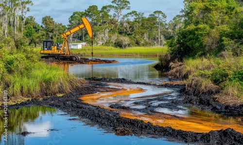 Swamp oil spill cleanup, excavator dredging
