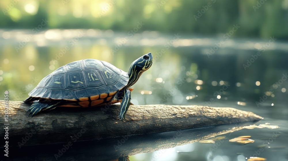 Obraz premium A turtle sunning itself on a log by the edge of a lake