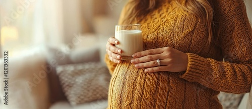 Drinking cow milk from a glass, a woman encounters abdominal cramps and pain, which are indicative of lactose intolerance and a milk allergy. Symptoms include stomach ache, dairy intolerance, nausea