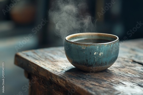 Warm cup of coffee on a rustic wooden table in a cozy environment with soft l...