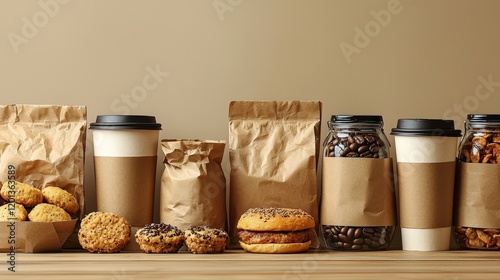 A table showcasing a variety of food and drink items, each packaged in environmentally friendly materials photo