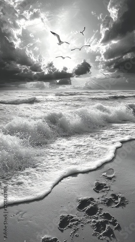 Waves crashing on a sandy beach under a dramatic sky filled with clouds and s...