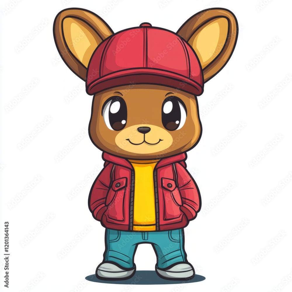 Naklejka premium Adorable Cartoon Kangaroo Wearing Stylish Red Outfit