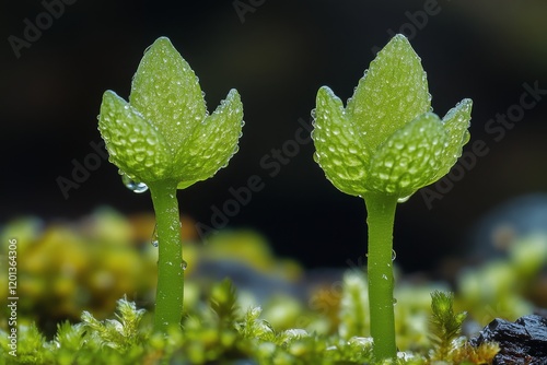 Young plants growing in rich soil under bright sunlight in a lush garden