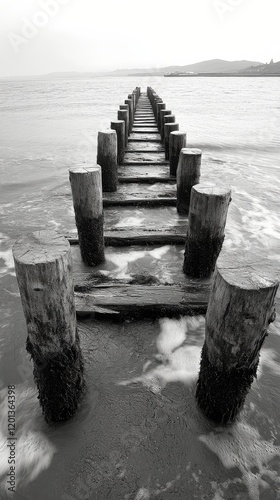 Scenic wooden pier extending into tranquil ocean under clear blue sky