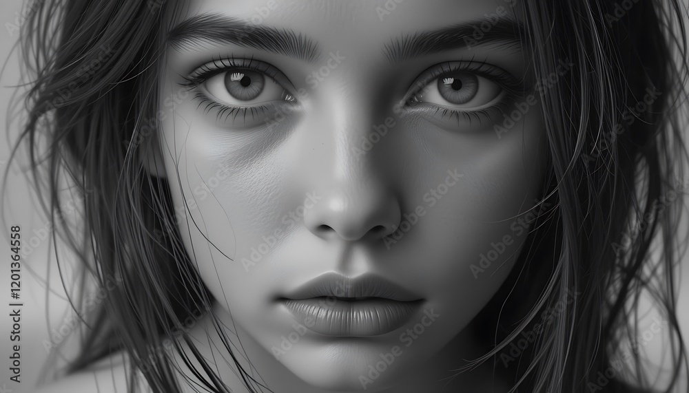 Stunning Close-Up Portrait of a Woman with Deeply Expressive Eyes and Lush, Dark Hair, Digitally Rendered in Monochrome Stunning Close-Up Portrait of a Woman with Deeply Expressive Eyes and Lush, Dark Hair, Digitally Rendered in Monochrome