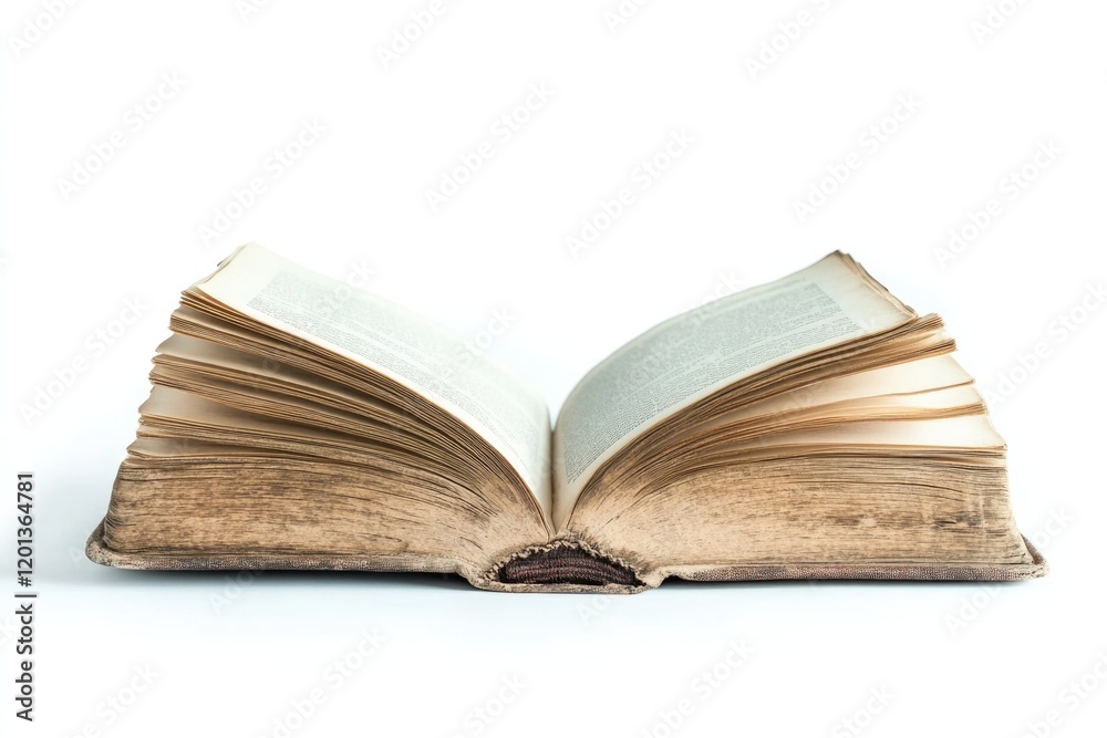 Open aged book with yellowed pages on a white background, representing classic literature, education, and historical knowledge, perfect for libraries or schools.. Open aged book with yellowed pages on a white background, representing classic literature, education, and historical knowledge, perfect for libraries or schools..