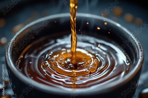 Pouring coffee into a black bowl creates ripples on the surface