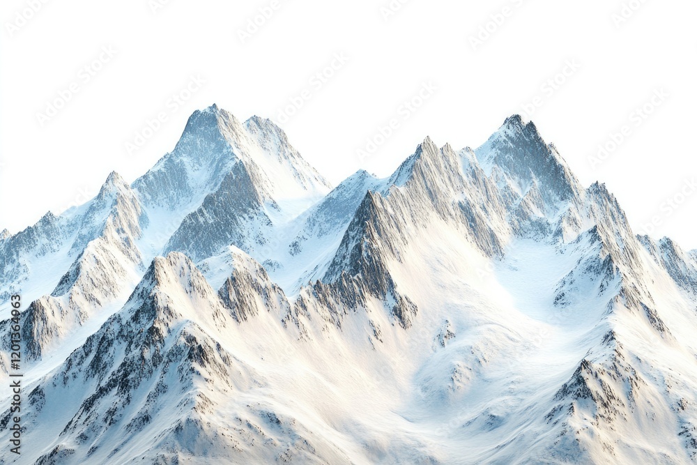 Obraz premium Snowy alpine peaks under soft lighting with a white background, ideal for winter travel, adventure, and wilderness campaigns, emphasizing pristine nature and beauty..