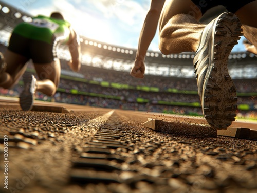 Athletic sprinting competition stadium sports action outdoor environment low angle view speed and performance photo