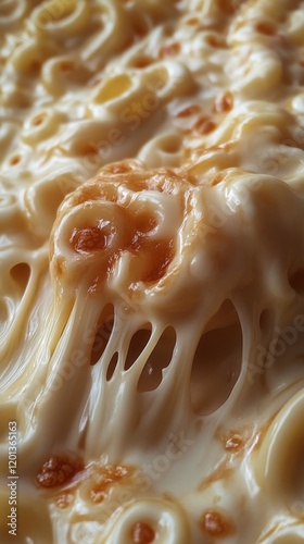 Creamy baked macaroni cheese with melted cheese on top presented in close-up ...