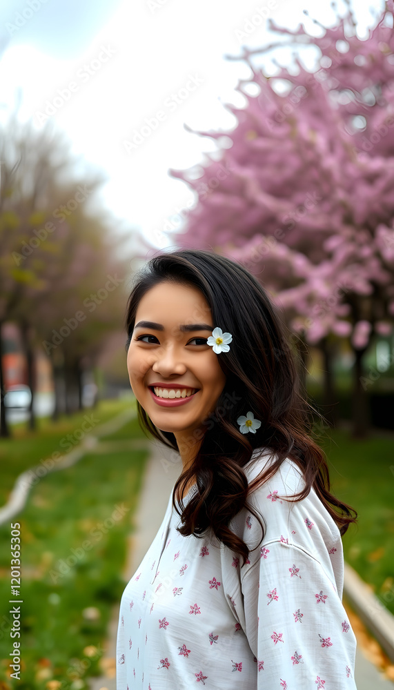 A photo showing a positive brunette smiling with spring flowers and trees. She is enjoying the outdoors in a park located on a street, dramatic, with white tones A photo showing a positive brunette smiling with spring flowers and trees. She is enjoying the outdoors in a park located on a street, dramatic, with white tones