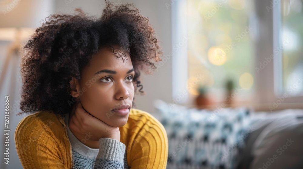Fototapeta premium Thoughtful Woman with Curly Hair Looking Out Window
