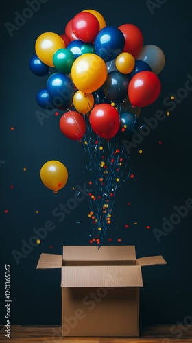 Colorful balloons burst from an open cardboard box creating a festive atmosph...