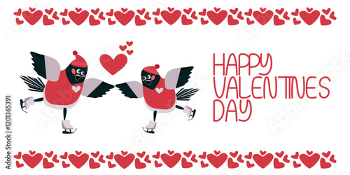 Cartoon bullfinches in love on skates. Vector white background with frame of hearts and happy valentine's day lettering for design of cards, banners, invitations
