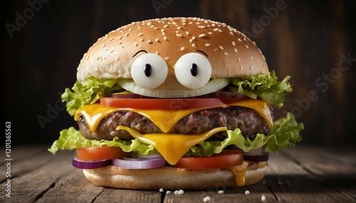 hamburger on a wooden table with funny eyes, 
