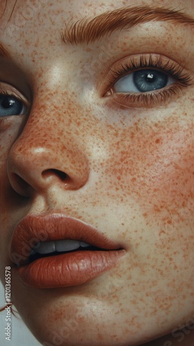 Close up of a young woman with freckles showcasing natural beauty in soft lig...
