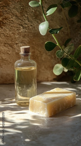 Natural soap and essential oil bottle on a countertop in warm sunlight
