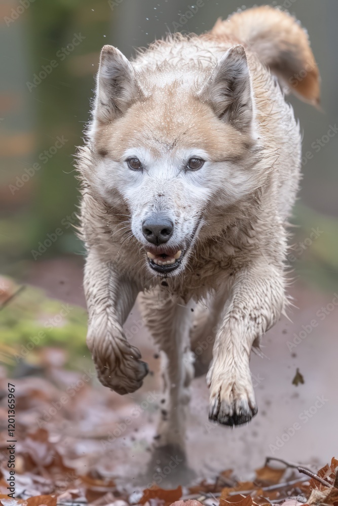 Obraz premium Muddy Canine in Motion: A Wolfdog's Energetic Run Through Autumn Leaves