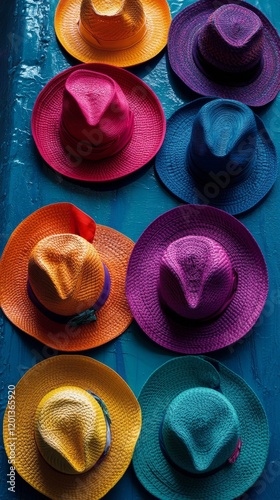 Colorful collection of wide-brimmed hats displayed against a bright blue back...
