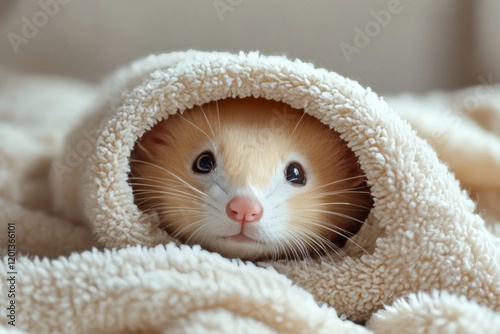 Cute fox pup sleeping peacefully in a cozy blanket on a soft surface