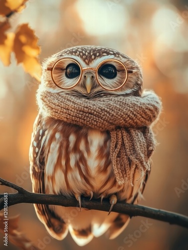 Cute owl wearing glasses and scarf perched on a branch during autumn evening. Generative AI photo