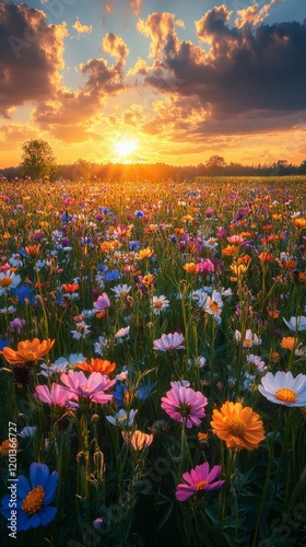 Colorful wildflower field at sunset over rolling hills with vibrant blooms
