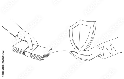 Continuous one line drawing of hand of insurance officer holding shield to exchange cash from hand of customer, insurance concept, single line art