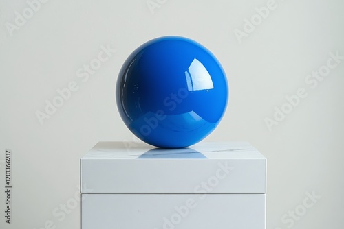 Bright blue sphere atop a minimalistic white pedestal in modern indoor setting