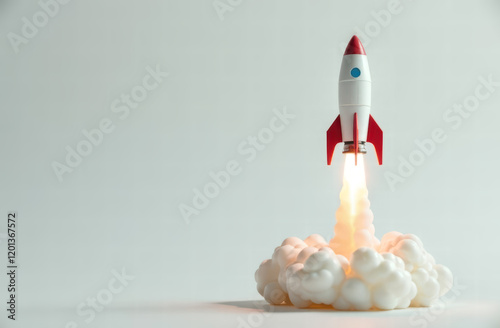 3d model of a rocket taking off on a light background with copy space. concept for the successful launch of a new startup business project photo