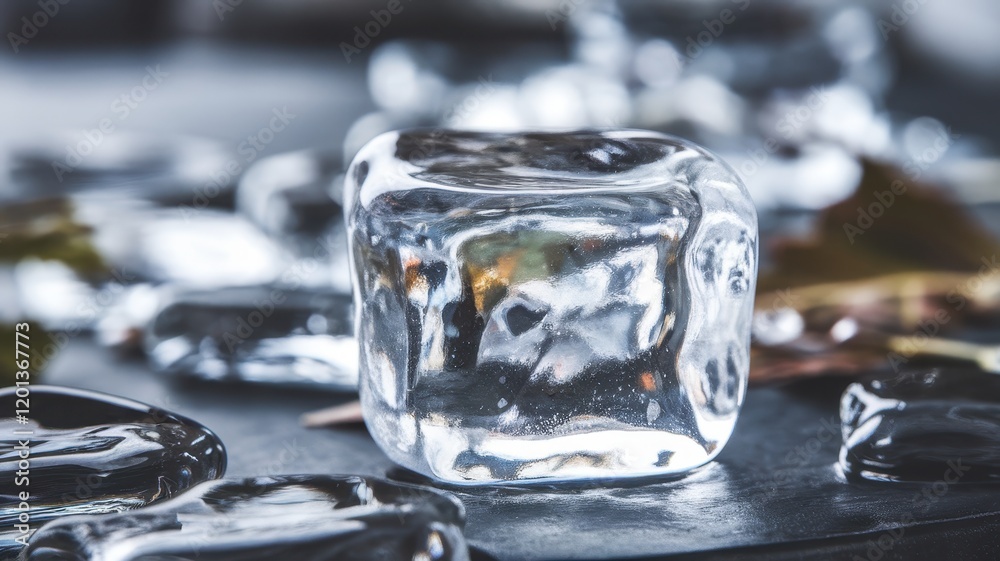 Close-up of a clear ice cube surrounded by smaller ice pieces and autumn leaves, creating a cool and refreshing aesthetic. Close-up of a clear ice cube surrounded by smaller ice pieces and autumn leaves, creating a cool and refreshing aesthetic.