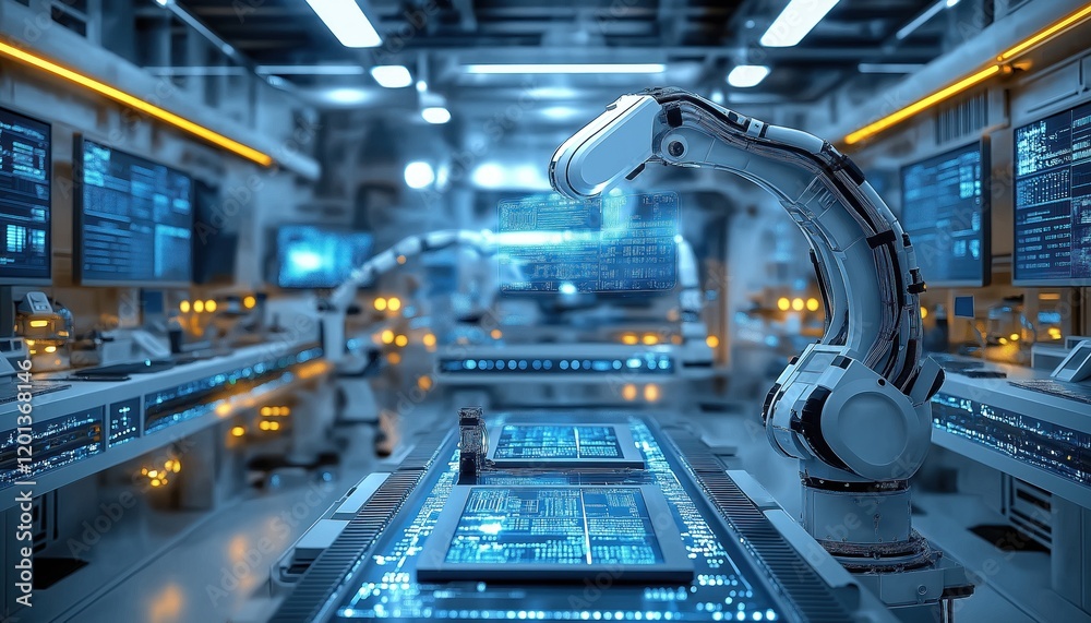 Fototapeta premium Robotics Lab Robotic Arm Analyzing Data in Advanced Tech Setting