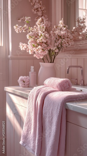 Elegant bathroom decor with soft pink towels and fresh flowers enhancing tran...