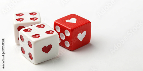 Two red and white Valentines Day heart dice on wooden background. Copy space on the bottom left.vector illustration.