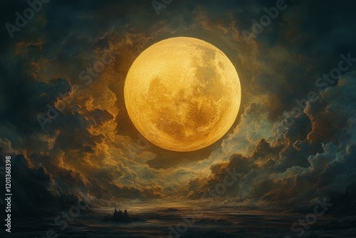 Bright full moon illuminates a cloudy night sky over a serene landscape