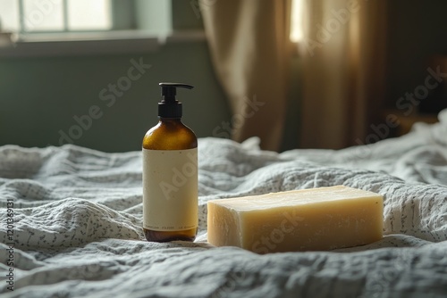 Relaxing spa essentials arranged on a cozy bed with soft linens and blankets