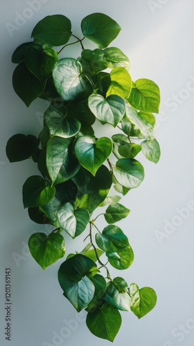 Lush green indoor plant arrangement on a light wall showcasing vibrant foliag...
