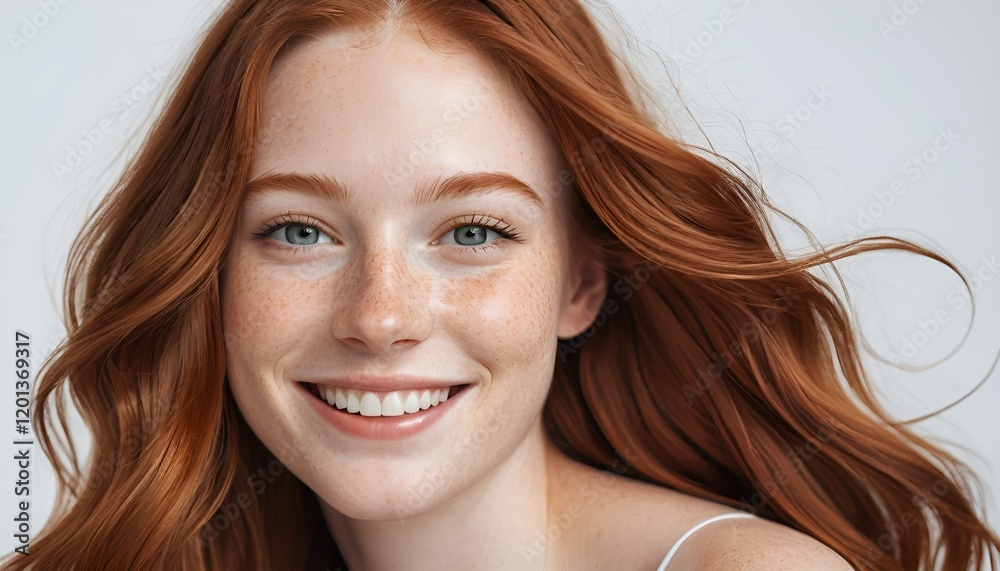 Fototapeta premium Portrait lumineux et naturel d’une jeune femme aux longs cheveux roux et taches de rousseur sur fond blanc minimaliste.