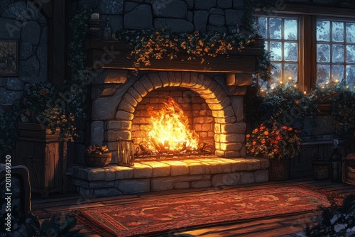 Cozy fireplace warms a rustic stone living room on a chilly evening