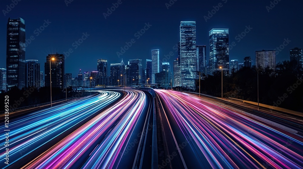Fototapeta premium Vibrant traffic light trails on busy highway.