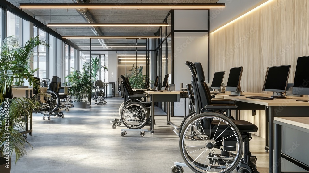 Inclusive office environment with professionals working. Wheelchair users at desks, modern design, collaborative atmosphere, technology, diverse team, accessibility. Generative AI Inclusive office environment with professionals working. Wheelchair users at desks, modern design, collaborative atmosphere, technology, diverse team, accessibility. Generative AI