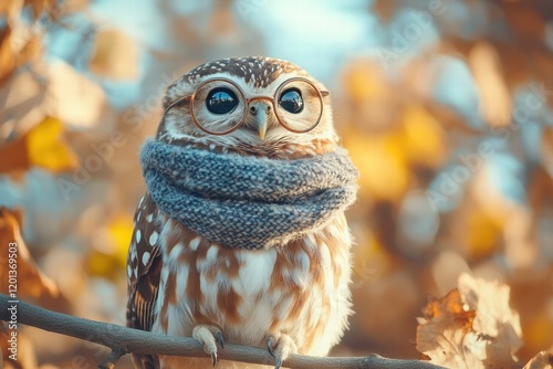 Wise little owl wearing glasses and a scarf perched on a branch surrounded by autumn leaves. Generative AI photo