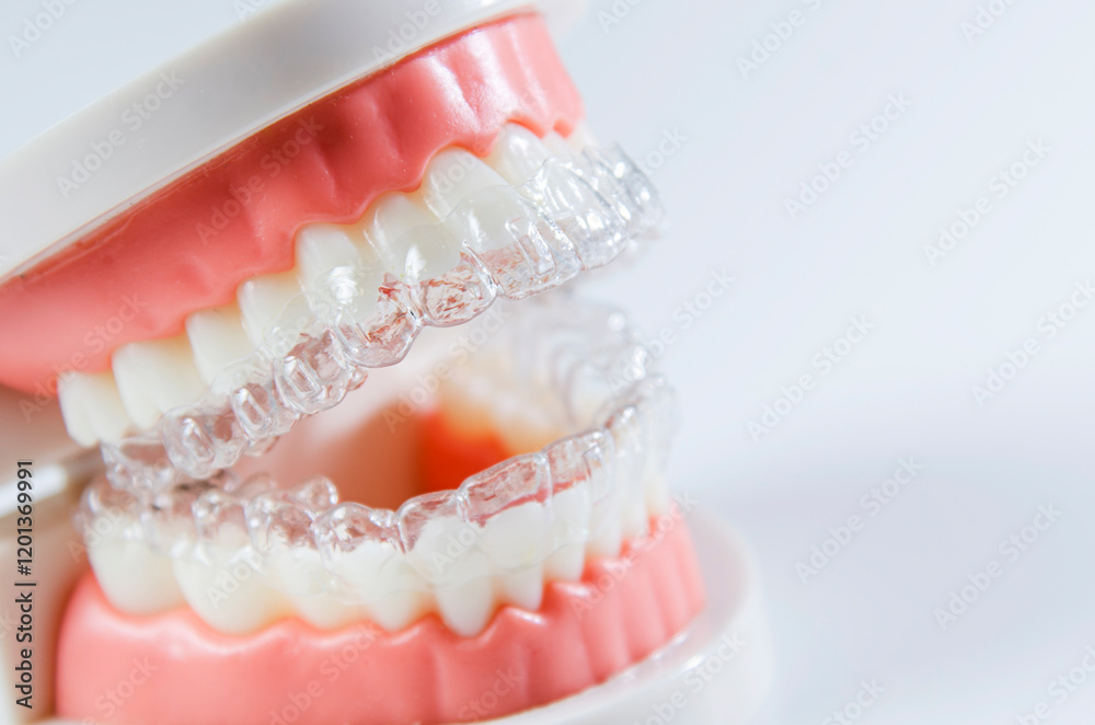Close-up. Transparent aligners are placed over the teeth of an artificial jaw.