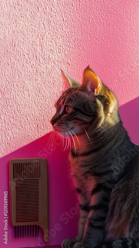 Cat resting next to a pink wall with sunlight casting a shadow in a cozy room