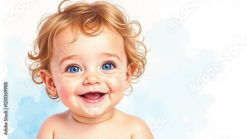 Watercolor painting, smiling happy baby with blue eyes and light curly hair, portrait. Banner