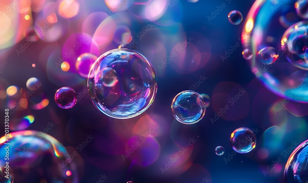  Iridescent bubbles float gracefully on a deep blue-purple gradient