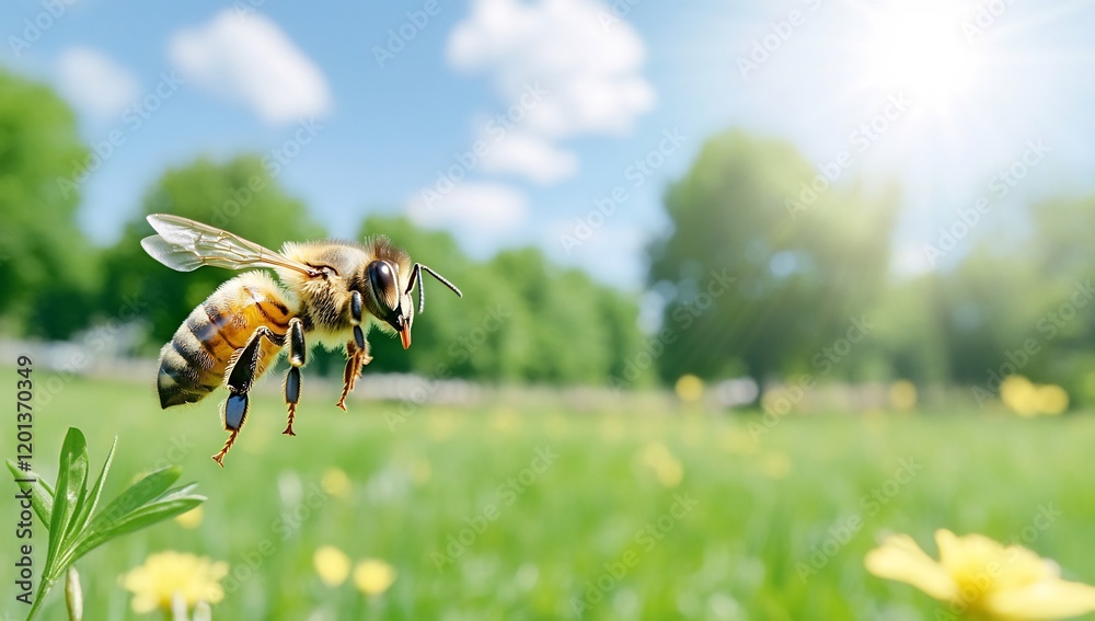 Bee in flight, meadow, sunny day, nature background, ecology Bee in flight, meadow, sunny day, nature background, ecology