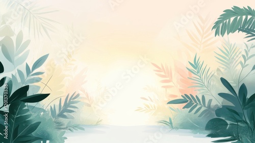 Wallpaper Mural Serene Tropical Background with Lush Green Foliage and Soft Pastel Hues, Perfect for Nature-Inspired Designs, Invitations, and Artistic Projects Torontodigital.ca