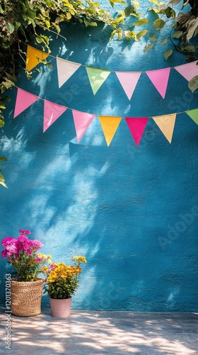 Colorful paper bunting decorations hanging on a teal wall for a festive celeb...